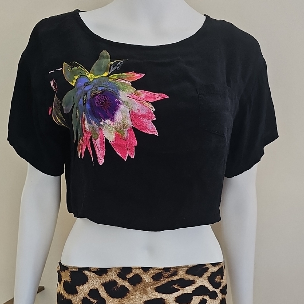 Motel Rocks Black Floral Handmade Crop Top XS Front Pocket